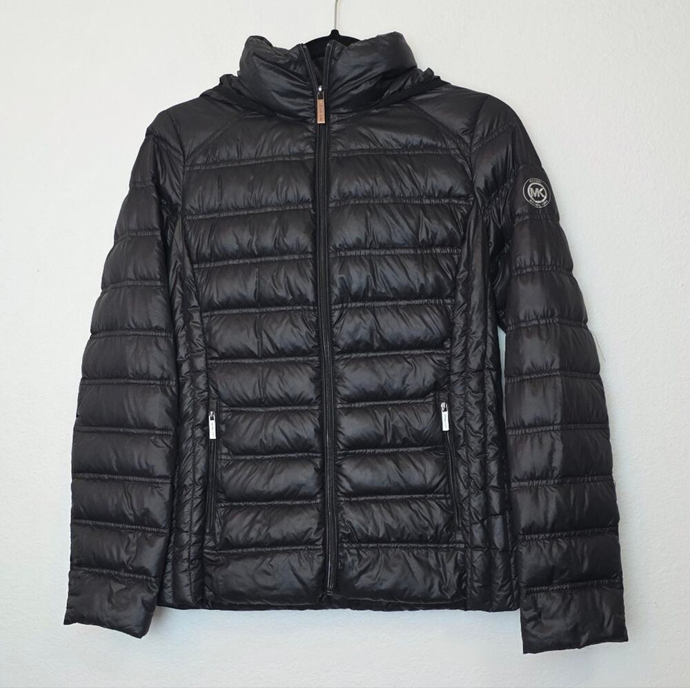 MICHAEL KORS Black Packable Down Fill Puffer Jacket Pockets Lightweight Size S